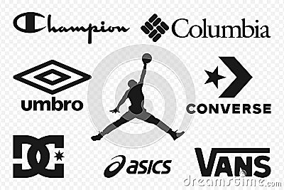 Top clothing brands logos. Set of most popular logo - Jordan, Columbia, Champion, Converse, Umbro, Vans, Asics, DC Shoes. Vector Illustration